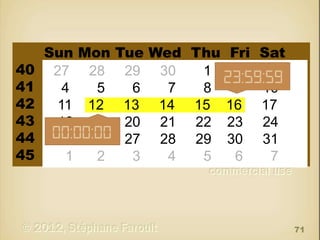 40
41
42
43
44
45

Sun Mon Tue Wed Thu
27 28 29 30
1
4
5
6
7
8
11 12 13 14 15
18 19 20 21 22
25 26 27 28 29
1
2
3
4
5

Fri
2
9
16
23
30
6

Sat
3
10
17
24
31
7

71

 