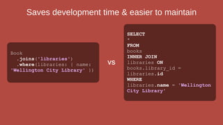 Saves development time & easier to maintain
SELECT
*
FROM
books
INNER JOIN
libraries ON
books.library_id =
libraries.id
WHERE
libraries.name = 'Wellington
City Library'
Book
.joins('libraries')
.where(libraries: { name:
'Wellington City Library' })
VS
 