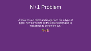N+1 Problem
A book has an editor and magazines are a type of
book, how do we find all the editors belonging to
magazines to print them out?
📚'(
 