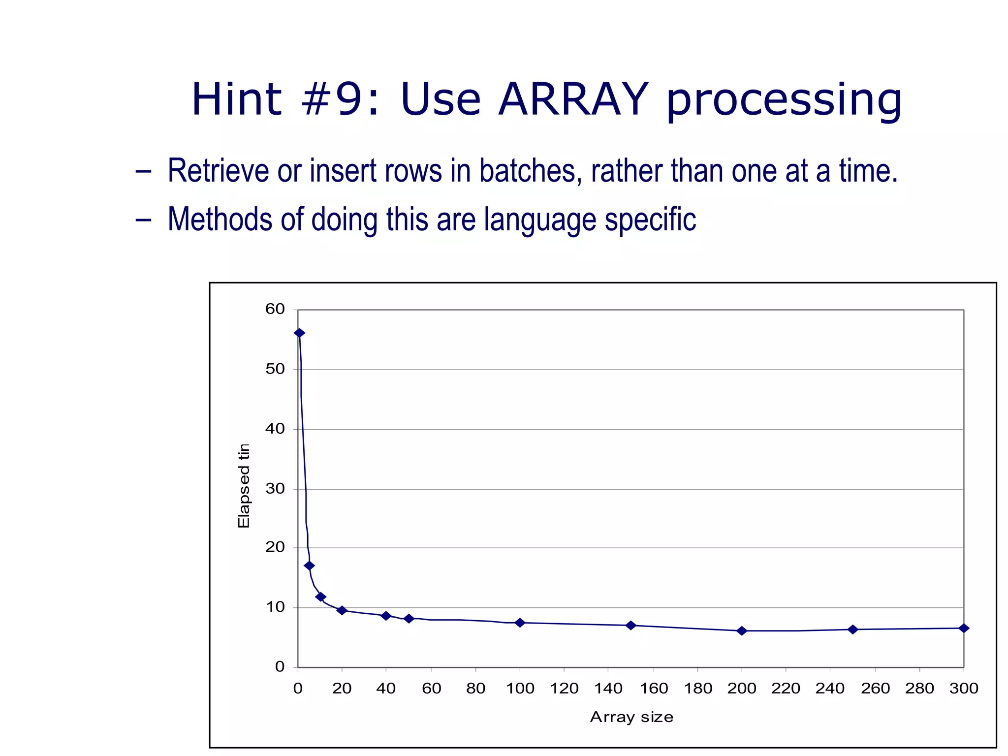 Hint #9: Use ARRAY processing
– Retrieve or insert rows in batches, rather than one at a time.
– Methods of doing this are language specific
0
10
20
30
40
50
60
0 20 40 60 80 100 120 140 160 180 200 220 240 260 280 300
Array size
Elapsedtime
 