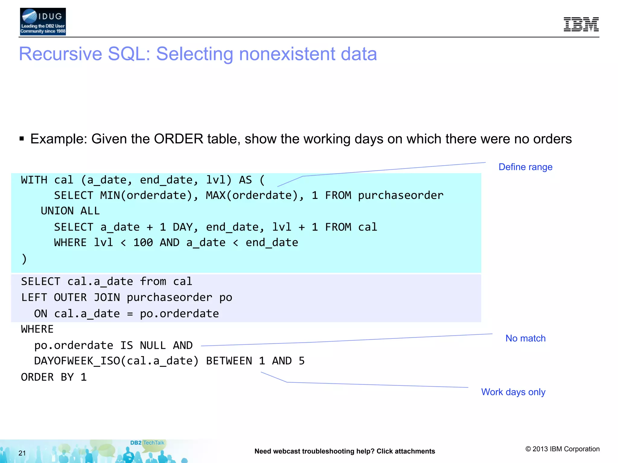 © 2013 IBM Corporation
Recursive SQL: Selecting nonexistent data
§  Example: Given the ORDER table, show the working days on which there were no orders
21 Need webcast troubleshooting help? Click attachments
WITH	
  cal	
  (a_date,	
  end_date,	
  lvl)	
  AS	
  (	
  
	
  	
  	
  	
  	
  SELECT	
  MIN(orderdate),	
  MAX(orderdate),	
  1	
  FROM	
  purchaseorder	
  
	
  	
  	
  UNION	
  ALL	
  
	
  	
  	
  	
  	
  SELECT	
  a_date	
  +	
  1	
  DAY,	
  end_date,	
  lvl	
  +	
  1	
  FROM	
  cal	
  
	
  	
  	
  	
  	
  WHERE	
  lvl	
  <	
  100	
  AND	
  a_date	
  <	
  end_date	
  	
  
)	
  
SELECT	
  cal.a_date	
  from	
  cal	
  
LEFT	
  OUTER	
  JOIN	
  purchaseorder	
  po	
  
	
  	
  ON	
  cal.a_date	
  =	
  po.orderdate	
  
WHERE	
  	
  
	
  	
  po.orderdate	
  IS	
  NULL	
  AND	
  	
  
	
  	
  DAYOFWEEK_ISO(cal.a_date)	
  BETWEEN	
  1	
  AND	
  5	
  
ORDER	
  BY	
  1	
  
Define range
No match
Work days only
 