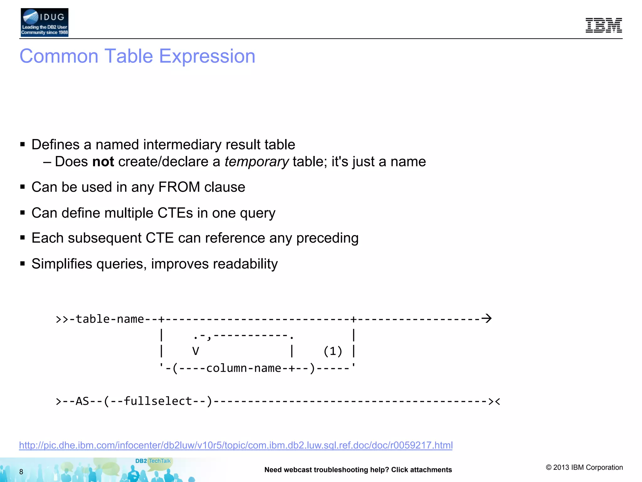 © 2013 IBM Corporation
Common Table Expression
§  Defines a named intermediary result table
– Does not create/declare a temporary table; it's just a name
§  Can be used in any FROM clause
§  Can define multiple CTEs in one query
§  Each subsequent CTE can reference any preceding
§  Simplifies queries, improves readability
8 Need webcast troubleshooting help? Click attachments
>>-­‐table-­‐name-­‐-­‐+-­‐-­‐-­‐-­‐-­‐-­‐-­‐-­‐-­‐-­‐-­‐-­‐-­‐-­‐-­‐-­‐-­‐-­‐-­‐-­‐-­‐-­‐-­‐-­‐-­‐-­‐-­‐+-­‐-­‐-­‐-­‐-­‐-­‐-­‐-­‐-­‐-­‐-­‐-­‐-­‐-­‐-­‐-­‐-­‐-­‐à	
  
	
  	
  	
  	
  	
  	
  	
  	
  	
  	
  	
  	
  	
  	
  	
  |	
  	
  	
  	
  .-­‐,-­‐-­‐-­‐-­‐-­‐-­‐-­‐-­‐-­‐-­‐-­‐.	
  	
  	
  	
  	
  	
  	
  	
  |	
  	
  	
  	
  
	
  	
  	
  	
  	
  	
  	
  	
  	
  	
  	
  	
  	
  	
  	
  |	
  	
  	
  	
  V	
  	
  	
  	
  	
  	
  	
  	
  	
  	
  	
  	
  	
  |	
  	
  	
  	
  (1)	
  |	
  	
  	
  	
  
	
  	
  	
  	
  	
  	
  	
  	
  	
  	
  	
  	
  	
  	
  	
  '-­‐(-­‐-­‐-­‐-­‐column-­‐name-­‐+-­‐-­‐)-­‐-­‐-­‐-­‐-­‐'	
  	
  	
  	
  
	
  
>-­‐-­‐AS-­‐-­‐(-­‐-­‐fullselect-­‐-­‐)-­‐-­‐-­‐-­‐-­‐-­‐-­‐-­‐-­‐-­‐-­‐-­‐-­‐-­‐-­‐-­‐-­‐-­‐-­‐-­‐-­‐-­‐-­‐-­‐-­‐-­‐-­‐-­‐-­‐-­‐-­‐-­‐-­‐-­‐-­‐-­‐-­‐-­‐-­‐-­‐><	
  
http://pic.dhe.ibm.com/infocenter/db2luw/v10r5/topic/com.ibm.db2.luw.sql.ref.doc/doc/r0059217.html
 
