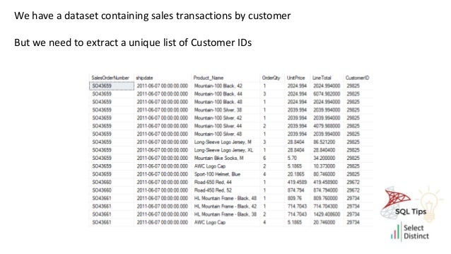 We have a dataset containing sales transactions by customer
But we need to extract a unique list of Customer IDs
 