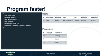 Program faster!
{
first_name: "Paul",
surname: "Miller",
cell: "447557505611",
city: "London",
location: [45.123,47.232],
profession: ["banking", "finance", "trader"],
}
ID first_name surname cell city location_x location_y
1 Paul Miller 447557505611 London 45.123 47.232
Users
ID user_id profession
10 1 banking
11 1 finance
12 1 trader
Professions
#MDBlocal @Lauren_Schaef
 