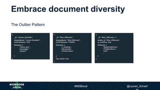 Embrace document diversity
The Outlier Pattern
{
_id: ”Lauren_Schaefer",
displayName: ”Lauren Schaefer",
numFollowers: 1310
followers: [
“naomi_pen”,
“kenwalger”,
“mylynn”
...
]
}
{
_id: ”Nick_Offerman",
displayName: ”Nick Offerman",
numFollowers: 1730332
followers: [
“c_hotaling”,
“IAmJerdog”,
“ChloeCondon”
...
],
has_extras: true
}
{
_id: ”Nick_Offerman_1",
twitter_id: “Nick_Offerman”,
is_overflow: true,
followers: [
“StephenAtHome”,
“TheEllenShow”,
“hulu”
...
]
}
#MDBlocal @Lauren_Schaef
 