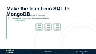 Make the leap from SQL to
MongoDB1. Map terms & concepts from SQL to MongoDB
2. Discover the 4 humongous advantages of MongoDB
1. Scale cheaper
#MDBlocal @Lauren_Schaef
 