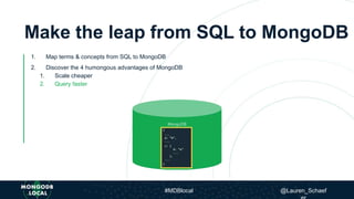 Make the leap from SQL to MongoDB
1. Map terms & concepts from SQL to MongoDB
2. Discover the 4 humongous advantages of MongoDB
1. Scale cheaper
2. Query faster
#MDBlocal @Lauren_Schaef
 