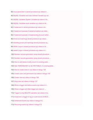 89) Inout parameter in stored procedure sql videos in ...
90) MySQL Variables and User Defined Variable sql vid...
91) MySQL Variables System Variable sql videos in te...
92) MySQL Variables local variables sql videos in tel...
93) If statement in stored procedure sql videos in te...
94) If statement example 2 stored procedure sql video...
95) If statement example 3 Implementing Account withd...
96) Errors and warnings stored procedure sql videos ...
97) Handling errors and warnings stored procedure sq...
98) While Loops in stored procedure sql videos in te...
99) labled Loops in stored procedure sql videos in t...
100) Randam records generation using stored procedure ...
101) Randam records generation using stored procedure ...
102) How to add,delete,modify column to existing table ...
103) SQL FOREIGN KEY on ALTER TABLE v to existing table...
104) How to create index in sql videos in telugu 104
105) Create users and permisions sql videos in telugu 105
106) Create view sql videos in telugu 106
107) Drop view sql videos in telugu 107
108) What is trigger and before events sql videos in t...
109) What is trigger and After trigger sql videos in ...
110) Trigger to stop DELETE operation sql videos in te...
111) Implement a trigger to log an audit record of DELE...
112) Scheduled Events sql videos in telugu112
113) Recurring events sql videos in telugu113
 
