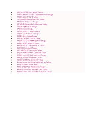  20 SQL CREATE DATABASE Telugu
 21 INSERT INTO SELECT Statement In Sql Telugu
 22 SQL SELECT INTO Telugu
 23 Create duplicate tables in sql Telugu
 24 SQL UNION clause Telugu
 25 RIGHT JOIN and Left JOIN in sql Telugu
 26 SQL INNER JOIN Telugu
 27 SQL aliases Telugu
 28 SQL COUNT Function Telugu
 29 SQL AVG Function In telugu
 30 SQL NULL Values telugu
 31 SQL CREATE VIEW In Telugu
 32 SQL AUTO INCREMENT Field Telugu
 33 SQL DROP keyword Telugu
 34 SQL DEFAULT Constraint In Telugu
 35 CHECK constraint Telugu
 36 FOREIGN KEY constraint Telugu
 37 SQL PRIMARY KEY Constraint Telugu
 38 SQL ALTER TABLE Statement Telugu
 39 SQL UNIQUE Constraint Telugu
 40 SQL NOT NULL Constraint Telugu
 41 lcase,ucase,round,now functions in sql Telugu
 42 sql HAVING Clause Telugu
 43 Sql GROUP BY Statement In Telugu
 44 max min and sum functions in sql Telugu
 45 SQL FIRST or top or limit or rownum In Telugu
 