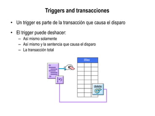 Triggers and transacciones
• Un trigger es parte de la transacción que causa el disparo
• El trigger puede deshacer:
– Así mismo solamente
– Así mismo y la sentencia que causa el disparo
– La transacción total
 