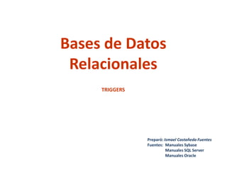 Bases de Datos
Relacionales
Preparó: Ismael Castañeda Fuentes
Fuentes: Manuales Sybase
Manuales SQL Server
Manuales Oracle
TRIGGERS
 