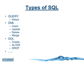 Types of SQL 
• QUERY 
– Select 
• DML 
– Insert 
– Update 
– Delete 
– Merge 
• DDL 
– Create 
– ALTER 
– DROP 
• ….. 
 
