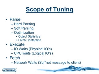 Scope of Tuning 
• Parse 
– Hard Parsing 
– Soft Parsing 
– Optimization 
• Object Statistics 
• Latch Contention 
• Execute 
– IO Waits (Physical IO’s) 
– CPU waits (Logical IO’s) 
• Fetch 
– Network Waits (Sql*net message to client) 
 