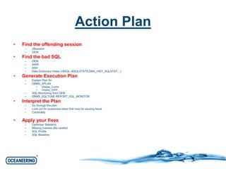 Action Plan 
• Find the offending session 
– v$session 
– OEM 
• Find the bad SQL 
– OEM 
– AWR 
– ASH 
– Data Dictionary Views (v$SQL,v$SQLSTATS,DBA_HIST_SQLSTAT…) 
• Generate Execution Plan 
– Explain Plan for 
– DBMS_XPLAN 
• Display_Cursor 
• Display_AWR 
– SQL Monitoring from OEM 
– DBMS_SQLTUNE.REPORT_SQL_MONITOR 
• Interpret the Plan 
– Go through the plan 
– Look out for suspicious steps that may be causing Issue 
– Cardinality 
• Apply your fixes 
– Optimizer Statistics 
– Missing Indexes (Be careful) 
– SQL Profile 
– SQL Baseline 
 