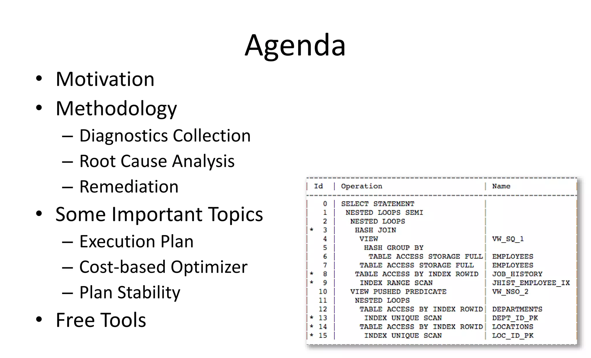 Agenda
• Motivation
• Methodology
– Diagnostics Collection
– Root Cause Analysis
– Remediation
• Some Important Topics
– Execution Plan
– Cost-based Optimizer
– Plan Stability
• Free Tools
 