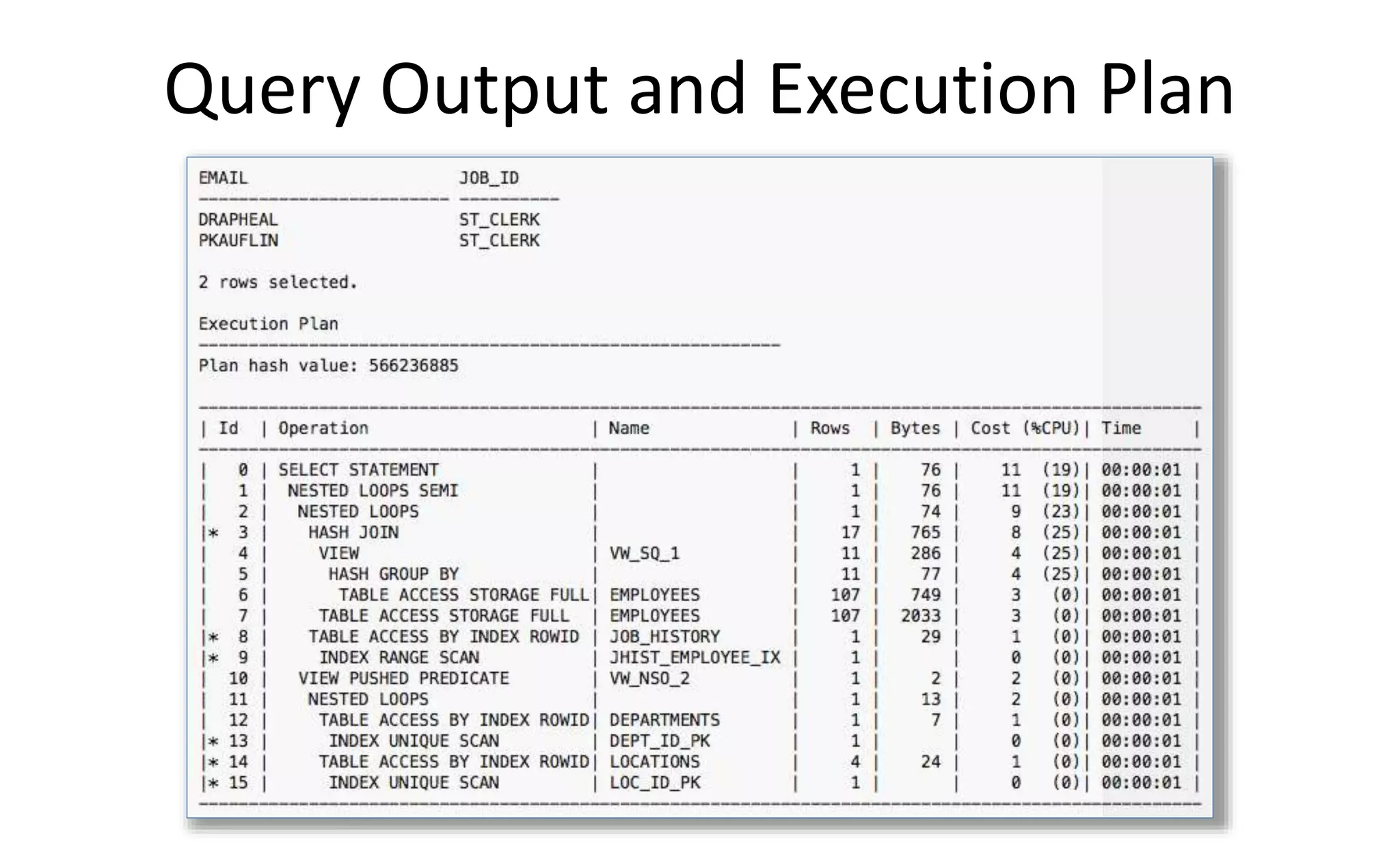 Query Output and Execution Plan
 