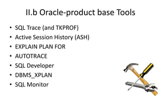 II.b Oracle-product base Tools
• SQL Trace (and TKPROF)
• Active Session History (ASH)
• EXPLAIN PLAN FOR
• AUTOTRACE
• SQL Developer
• DBMS_XPLAN
• SQL Monitor
 