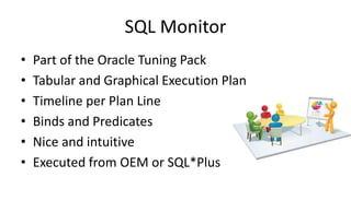 SQL Monitor
• Part of the Oracle Tuning Pack
• Tabular and Graphical Execution Plan
• Timeline per Plan Line
• Binds and Predicates
• Nice and intuitive
• Executed from OEM or SQL*Plus
 