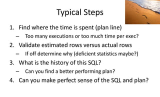 Typical Steps
1. Find where the time is spent (plan line)
– Too many executions or too much time per exec?
2. Validate estimated rows versus actual rows
– If off determine why (deficient statistics maybe?)
3. What is the history of this SQL?
– Can you find a better performing plan?
4. Can you make perfect sense of the SQL and plan?
 