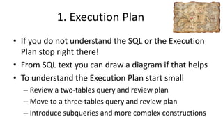 1. Execution Plan
• If you do not understand the SQL or the Execution
Plan stop right there!
• From SQL text you can draw a diagram if that helps
• To understand the Execution Plan start small
– Review a two-tables query and review plan
– Move to a three-tables query and review plan
– Introduce subqueries and more complex constructions
 