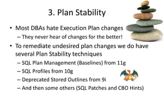 3. Plan Stability
• Most DBAs hate Execution Plan changes
– They never hear of changes for the better!
• To remediate undesired plan changes we do have
several Plan Stability techniques
– SQL Plan Management (Baselines) from 11g
– SQL Profiles from 10g
– Deprecated Stored Outlines from 9i
– And then some others (SQL Patches and CBO Hints)
 