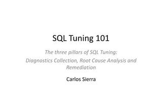 SQL Tuning 101
The three pillars of SQL Tuning:
Diagnostics Collection, Root Cause Analysis and
Remediation
Carlos Sierra
 