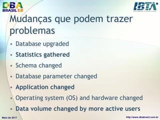 Mudanças que podem trazer
problemas
• Database upgraded
• Statistics gathered
• Schema changed
• Database parameter changed
• Application changed
• Operating system (OS) and hardware changed
• Data volume changed by more active users
 