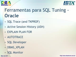 Ferramentas para SQL Tuning -
Oracle
• SQL Trace (and TKPROF)
• Active Session History (ASH)
• EXPLAIN PLAN FOR
• AUTOTRACE
• SQL Developer
• DBMS_XPLAN
• SQL Monitor
 