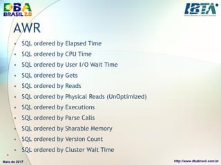 AWR
• SQL ordered by Elapsed Time
• SQL ordered by CPU Time
• SQL ordered by User I/O Wait Time
• SQL ordered by Gets
• SQL ordered by Reads
• SQL ordered by Physical Reads (UnOptimized)
• SQL ordered by Executions
• SQL ordered by Parse Calls
• SQL ordered by Sharable Memory
• SQL ordered by Version Count
• SQL ordered by Cluster Wait Time*
 