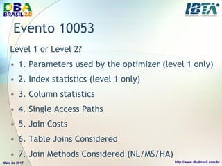 Evento 10053
Level 1 or Level 2?
• 1. Parameters used by the optimizer (level 1 only)
• 2. Index statistics (level 1 only)
• 3. Column statistics
• 4. Single Access Paths
• 5. Join Costs
• 6. Table Joins Considered
• 7. Join Methods Considered (NL/MS/HA)
 