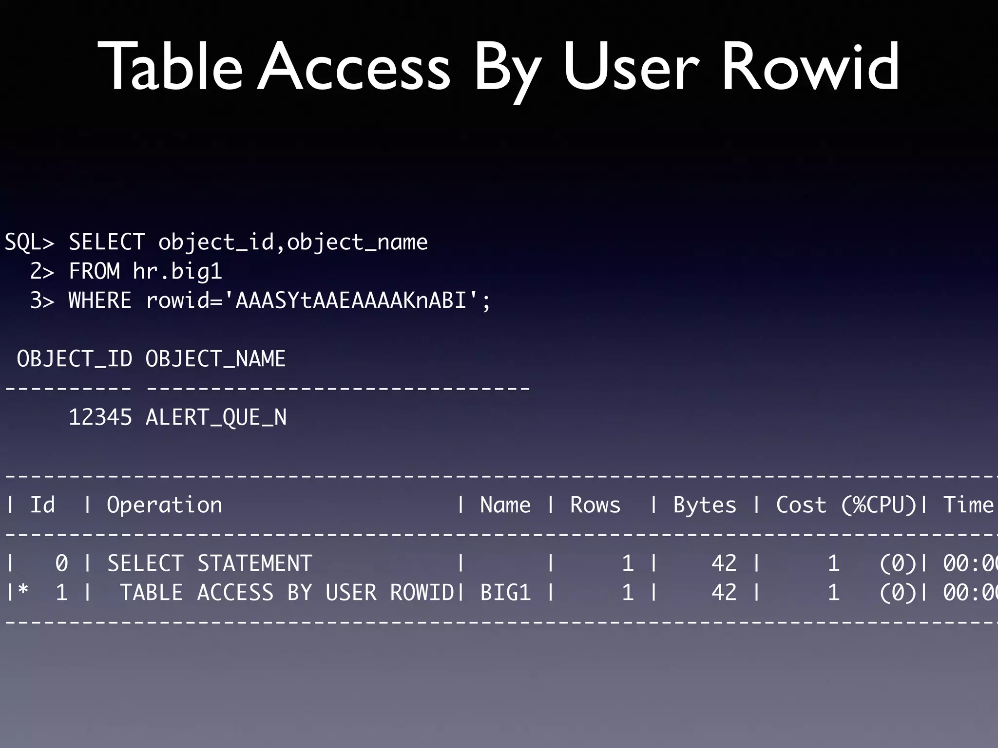 Table Access By User Rowid SQL> SELECT object_id,object_name 2> FROM hr.big1 3> WHERE rowid='AAASYtAAEAAAAKnABI'; OBJECT_ID OBJECT_NAME ---------- ------------------------------ 12345 ALERT_QUE_N ------------------------------------------------------------------------------ | Id | Operation | Name | Rows | Bytes | Cost (%CPU)| Time ------------------------------------------------------------------------------ | 0 | SELECT STATEMENT | | 1 | 42 | 1 (0)| 00:00 |* 1 | TABLE ACCESS BY USER ROWID| BIG1 | 1 | 42 | 1 (0)| 00:00 ------------------------------------------------------------------------------ 