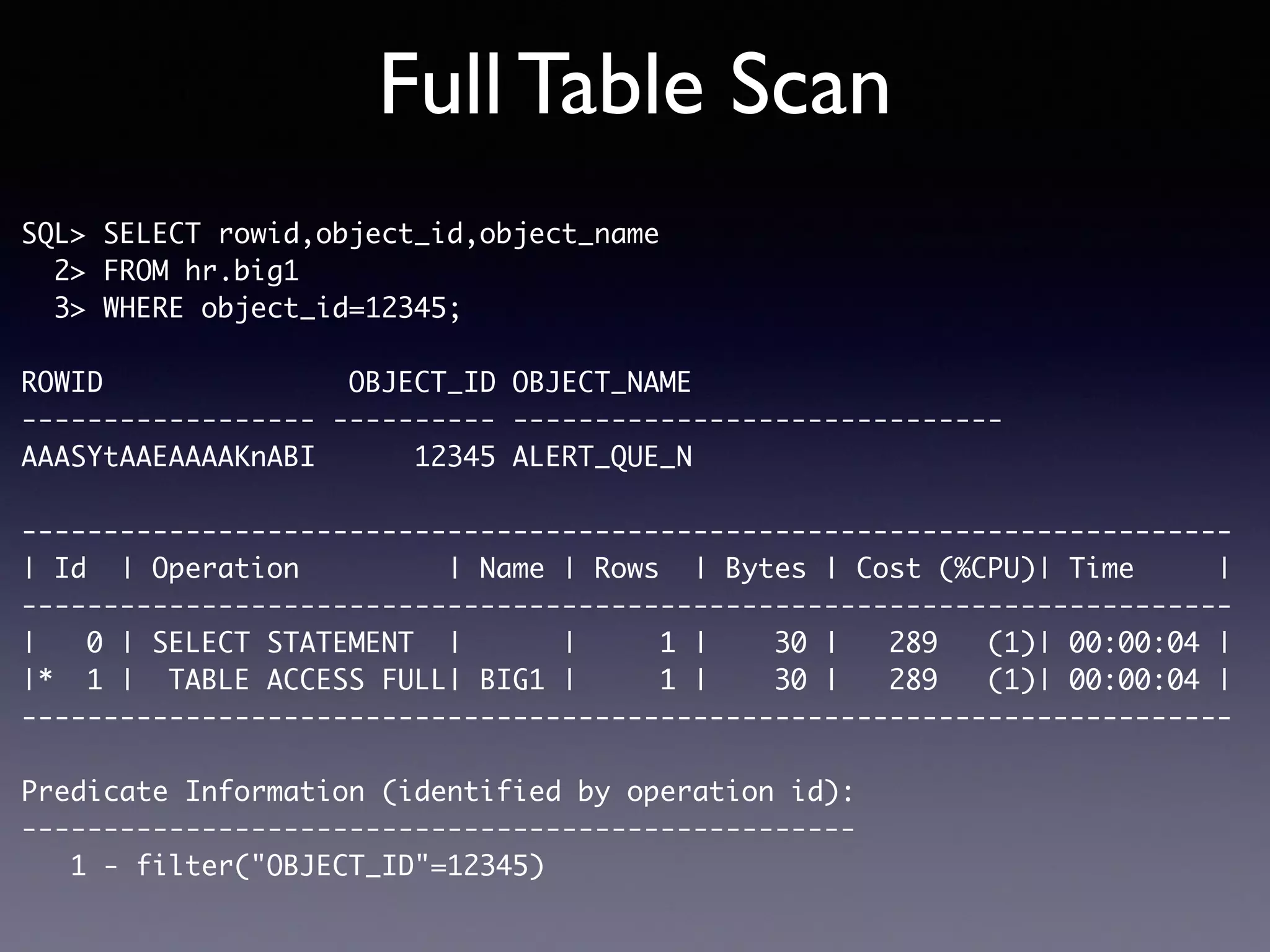 Full Table Scan SQL> SELECT rowid,object_id,object_name 2> FROM hr.big1 3> WHERE object_id=12345; ROWID OBJECT_ID OBJECT_NAME ------------------ ---------- ------------------------------ AAASYtAAEAAAAKnABI 12345 ALERT_QUE_N -------------------------------------------------------------------------- | Id | Operation | Name | Rows | Bytes | Cost (%CPU)| Time | -------------------------------------------------------------------------- | 0 | SELECT STATEMENT | | 1 | 30 | 289 (1)| 00:00:04 | |* 1 | TABLE ACCESS FULL| BIG1 | 1 | 30 | 289 (1)| 00:00:04 | -------------------------------------------------------------------------- Predicate Information (identified by operation id): --------------------------------------------------- 1 - filter("OBJECT_ID"=12345) 