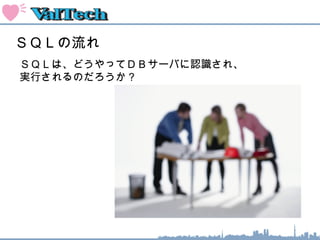 ＳＱＬの流れ
ＳＱＬは、どうやってＤＢサーバに認識され、
実行されるのだろうか？
 