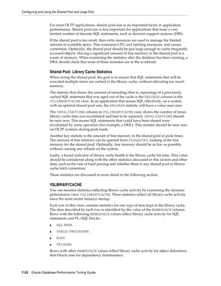 Configuring and Using the Shared Pool and Large Pool

For most OLTP applications, shared pool size is an important factor in application
performance. Shared pool size is less important for applications that issue a very
limited number of discrete SQL statements, such as decision support systems (DSS).
If the shared pool is too small, then extra resources are used to manage the limited
amount of available space. This consumes CPU and latching resources, and causes
contention. Optimally, the shared pool should be just large enough to cache frequently
accessed objects. Having a significant amount of free memory in the shared pool is a
waste of memory. When examining the statistics after the database has been running, a
DBA should check that none of these mistakes are in the workload.

Shared Pool: Library Cache Statistics
When sizing the shared pool, the goal is to ensure that SQL statements that will be
executed multiple times are cached in the library cache, without allocating too much
memory.
The statistic that shows the amount of reloading (that is, reparsing) of a previously
cached SQL statement that was aged out of the cache is the RELOADS column in the
V$LIBRARYCACHE view. In an application that reuses SQL effectively, on a system
with an optimal shared pool size, the RELOADS statistic will have a value near zero.
The INVALIDATIONS column in V$LIBRARYCACHE view shows the number of times
library cache data was invalidated and had to be reparsed. INVALIDATIONS should
be near zero. This means SQL statements that could have been shared were
invalidated by some operation (for example, a DDL). This statistic should be near zero
on OLTP systems during peak loads.
Another key statistic is the amount of free memory in the shared pool at peak times.
The amount of free memory can be queried from V$SGASTAT, looking at the free
memory for the shared pool. Optimally, free memory should be as low as possible,
without causing any reloads on the system.
Lastly, a broad indicator of library cache health is the library cache hit ratio. This value
should be considered along with the other statistics discussed in this section and other
data, such as the rate of hard parsing and whether there is any shared pool or library
cache latch contention.
These statistics are discussed in more detail in the following section.

V$LIBRARYCACHE
You can monitor statistics reflecting library cache activity by examining the dynamic
performance view V$LIBRARYCACHE. These statistics reflect all library cache activity
since the most recent instance startup.
Each row in this view contains statistics for one type of item kept in the library cache.
The item described by each row is identified by the value of the NAMESPACE column.
Rows with the following NAMESPACE values reflect library cache activity for SQL
statements and PL/SQL blocks:
■

SQL AREA

■

TABLE/PROCEDURE

■

BODY

■

TRIGGER

Rows with other NAMESPACE values reflect library cache activity for object definitions
that Oracle uses for dependency maintenance.

7-22 Oracle Database Performance Tuning Guide

 