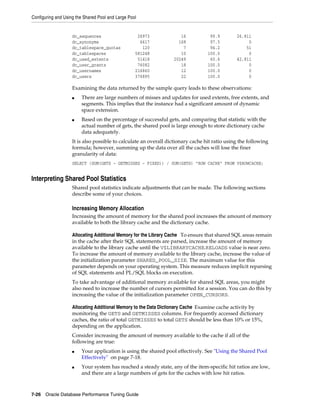 Configuring and Using the Shared Pool and Large Pool

dc_sequences
dc_synonyms
dc_tablespace_quotas
dc_tablespaces
dc_used_extents
dc_user_grants
dc_usernames
dc_users

26973
6617
120
581248
51418
76082
216860
376895

16
168
7
10
20249
18
12
22

99.9
97.5
94.2
100.0
60.6
100.0
100.0
100.0

26,811
0
51
0
42,811
0
0
0

Examining the data returned by the sample query leads to these observations:
■

■

There are large numbers of misses and updates for used extents, free extents, and
segments. This implies that the instance had a significant amount of dynamic
space extension.
Based on the percentage of successful gets, and comparing that statistic with the
actual number of gets, the shared pool is large enough to store dictionary cache
data adequately.

It is also possible to calculate an overall dictionary cache hit ratio using the following
formula; however, summing up the data over all the caches will lose the finer
granularity of data:
SELECT (SUM(GETS - GETMISSES - FIXED)) / SUM(GETS) "ROW CACHE" FROM V$ROWCACHE;

Interpreting Shared Pool Statistics
Shared pool statistics indicate adjustments that can be made. The following sections
describe some of your choices.

Increasing Memory Allocation
Increasing the amount of memory for the shared pool increases the amount of memory
available to both the library cache and the dictionary cache.
Allocating Additional Memory for the Library Cache To ensure that shared SQL areas remain
in the cache after their SQL statements are parsed, increase the amount of memory
available to the library cache until the V$LIBRARYCACHE.RELOADS value is near zero.
To increase the amount of memory available to the library cache, increase the value of
the initialization parameter SHARED_POOL_SIZE. The maximum value for this
parameter depends on your operating system. This measure reduces implicit reparsing
of SQL statements and PL/SQL blocks on execution.
To take advantage of additional memory available for shared SQL areas, you might
also need to increase the number of cursors permitted for a session. You can do this by
increasing the value of the initialization parameter OPEN_CURSORS.
Allocating Additional Memory to the Data Dictionary Cache Examine cache activity by
monitoring the GETS and GETMISSES columns. For frequently accessed dictionary
caches, the ratio of total GETMISSES to total GETS should be less than 10% or 15%,
depending on the application.
Consider increasing the amount of memory available to the cache if all of the
following are true:
■

■

Your application is using the shared pool effectively. See "Using the Shared Pool
Effectively" on page 7-18.
Your system has reached a steady state, any of the item-specific hit ratios are low,
and there are a large numbers of gets for the caches with low hit ratios.

7-26 Oracle Database Performance Tuning Guide

 