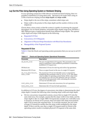 Basic I/O Configuration

Lay Out the Files Using Operating System or Hardware Striping
If your operating system has LVM software or hardware-based striping, then it is
possible to distribute I/O using these tools. Decisions to be made when using an
LVM or hardware striping include stripe depth and stripe width.
■
■

Stripe depth is the size of the stripe, sometimes called stripe unit.
Stripe width is the product of the stripe depth and the number of drives in the
striped set.

Choose these values wisely so that the system is capable of sustaining the required
throughput. For an Oracle database, reasonable stripe depths range from 256 KB to 1
MB. Different types of applications benefit from different stripe depths. The optimal
stripe depth and stripe width depend on the following:
■

Requested I/O Size

■

Concurrency of I/O Requests

■

Alignment of Physical Stripe Boundaries with Block Size Boundaries

■

Manageability of the Proposed System

Requested I/O Size
Table 8–1 lists the Oracle and operating system parameters that you can use to set I/O
size:
Table 8–1

Oracle and Operating System Operational Parameters

Parameter

Description

DB_BLOCK_SIZE

The size of single-block I/O requests. This parameter is also
used in combination with multiblock parameters to determine
multiblock I/O request size.

OS block size

Determines I/O size for redo log and archive log operations.

Maximum OS I/O size

Places an upper bound on the size of a single I/O request.

DB_FILE_MULTIBLOCK_
READ_COUNT

The maximum I/O size for full table scans is computed by
multiplying this parameter with DB_BLOCK_SIZE. (the upper
value is subject to operating system limits). If this value is not
set explicitly (or is set to 0), the optimizer will use a default
value of 8 for this parameter when calculating the maximum
I/O size for full table scans.

SORT_AREA_SIZE

Determines I/O sizes and concurrency for sort operations.

HASH_AREA_SIZE

Determines the I/O size for hash operations.

In addition to I/O size, the degree of concurrency also helps in determining the ideal
stripe depth. Consider the following when choosing stripe width and stripe depth:
■

On low-concurrency (sequential) systems, ensure that no single I/O visits the
same disk twice. For example, assume that the stripe width is four disks, and the
stripe depth is 32k. If a single 1MB I/O request (for example, for a full table scan)
is issued by an Oracle server process, then each disk in the stripe must perform
eight I/Os to return the requested data. To avoid this situation, the size of the
average I/O should be smaller than the stripe width multiplied by the stripe
depth. If this is not the case, then a single I/O request made by Oracle to the
operating system results in multiple physical I/O requests to the same disk.

8-2 Oracle Database Performance Tuning Guide

 