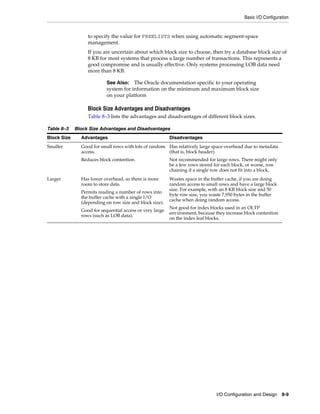 Basic I/O Configuration

to specify the value for FREELISTS when using automatic segment-space
management.
If you are uncertain about which block size to choose, then try a database block size of
8 KB for most systems that process a large number of transactions. This represents a
good compromise and is usually effective. Only systems processing LOB data need
more than 8 KB.
See Also: The Oracle documentation specific to your operating
system for information on the minimum and maximum block size
on your platform

Block Size Advantages and Disadvantages
Table 8–3 lists the advantages and disadvantages of different block sizes.
Table 8–3

Block Size Advantages and Disadvantages

Block Size

Advantages

Disadvantages

Smaller

Good for small rows with lots of random Has relatively large space overhead due to metadata
access.
(that is, block header).
Reduces block contention.

Larger

Not recommended for large rows. There might only
be a few rows stored for each block, or worse, row
chaining if a single row does not fit into a block,

Has lower overhead, so there is more
room to store data.

Wastes space in the buffer cache, if you are doing
random access to small rows and have a large block
size. For example, with an 8 KB block size and 50
byte row size, you waste 7,950 bytes in the buffer
cache when doing random access.

Permits reading a number of rows into
the buffer cache with a single I/O
(depending on row size and block size).
Good for sequential access or very large
rows (such as LOB data).

Not good for index blocks used in an OLTP
environment, because they increase block contention
on the index leaf blocks.

I/O Configuration and Design 8-9

 