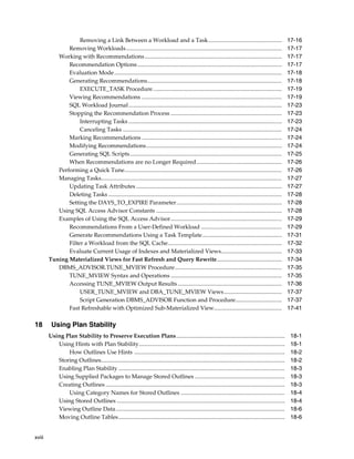Removing a Link Between a Workload and a Task...................................................
Removing Workloads............................................................................................................
Working with Recommendations...............................................................................................
Recommendation Options ....................................................................................................
Evaluation Mode....................................................................................................................
Generating Recommendations.............................................................................................
EXECUTE_TASK Procedure .........................................................................................
Viewing Recommendations .................................................................................................
SQL Workload Journal ..........................................................................................................
Stopping the Recommendation Process .............................................................................
Interrupting Tasks ..........................................................................................................
Canceling Tasks ..............................................................................................................
Marking Recommendations .................................................................................................
Modifying Recommendations..............................................................................................
Generating SQL Scripts .........................................................................................................
When Recommendations are no Longer Required ...........................................................
Performing a Quick Tune.............................................................................................................
Managing Tasks.............................................................................................................................
Updating Task Attributes .....................................................................................................
Deleting Tasks ........................................................................................................................
Setting the DAYS_TO_EXPIRE Parameter.........................................................................
Using SQL Access Advisor Constants .......................................................................................
Examples of Using the SQL Access Advisor.............................................................................
Recommendations From a User-Defined Workload ........................................................
Generate Recommendations Using a Task Template.......................................................
Filter a Workload from the SQL Cache...............................................................................
Evaluate Current Usage of Indexes and Materialized Views..........................................
Tuning Materialized Views for Fast Refresh and Query Rewrite.............................................
DBMS_ADVISOR.TUNE_MVIEW Procedure..........................................................................
TUNE_MVIEW Syntax and Operations .............................................................................
Accessing TUNE_MVIEW Output Results ........................................................................
USER_TUNE_MVIEW and DBA_TUNE_MVIEW Views ........................................
Script Generation DBMS_ADVISOR Function and Procedure................................
Fast Refreshable with Optimized Sub-Materialized View...............................................

18

Using Plan Stability
Using Plan Stability to Preserve Execution Plans ...........................................................................
Using Hints with Plan Stability.....................................................................................................
How Outlines Use Hints ........................................................................................................
Storing Outlines...............................................................................................................................
Enabling Plan Stability ...................................................................................................................
Using Supplied Packages to Manage Stored Outlines ..............................................................
Creating Outlines ............................................................................................................................
Using Category Names for Stored Outlines ........................................................................
Using Stored Outlines ....................................................................................................................
Viewing Outline Data.....................................................................................................................
Moving Outline Tables...................................................................................................................

xviii

17-16
17-17
17-17
17-17
17-18
17-18
17-19
17-19
17-23
17-23
17-23
17-24
17-24
17-24
17-25
17-26
17-26
17-27
17-27
17-28
17-28
17-28
17-29
17-29
17-31
17-32
17-33
17-34
17-35
17-35
17-36
17-37
17-37
17-41

18-1
18-1
18-2
18-2
18-3
18-3
18-3
18-4
18-4
18-6
18-6

 