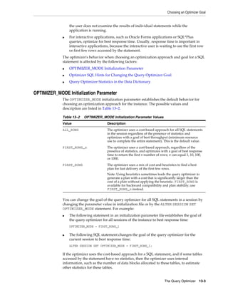 Choosing an Optimizer Goal

the user does not examine the results of individual statements while the
application is running.
■

For interactive applications, such as Oracle Forms applications or SQL*Plus
queries, optimize for best response time. Usually, response time is important in
interactive applications, because the interactive user is waiting to see the first row
or first few rows accessed by the statement.

The optimizer's behavior when choosing an optimization approach and goal for a SQL
statement is affected by the following factors:
■

OPTIMIZER_MODE Initialization Parameter

■

Optimizer SQL Hints for Changing the Query Optimizer Goal

■

Query Optimizer Statistics in the Data Dictionary

OPTIMIZER_MODE Initialization Parameter
The OPTIMIZER_MODE initialization parameter establishes the default behavior for
choosing an optimization approach for the instance. The possible values and
description are listed in Table 13–2.
Table 13–2

OPTIMIZER_MODE Initialization Parameter Values

Value

Description

ALL_ROWS

The optimizer uses a cost-based approach for all SQL statements
in the session regardless of the presence of statistics and
optimizes with a goal of best throughput (minimum resource
use to complete the entire statement). This is the default value.

FIRST_ROWS_n

The optimizer uses a cost-based approach, regardless of the
presence of statistics, and optimizes with a goal of best response
time to return the first n number of rows; n can equal 1, 10, 100,
or 1000.

FIRST_ROWS

The optimizer uses a mix of cost and heuristics to find a best
plan for fast delivery of the first few rows.
Note: Using heuristics sometimes leads the query optimizer to
generate a plan with a cost that is significantly larger than the
cost of a plan without applying the heuristic. FIRST_ROWS is
available for backward compatibility and plan stability; use
FIRST_ROWS_n instead.

You can change the goal of the query optimizer for all SQL statements in a session by
changing the parameter value in initialization file or by the ALTER SESSION SET
OPTIMIZER_MODE statement. For example:
■

The following statement in an initialization parameter file establishes the goal of
the query optimizer for all sessions of the instance to best response time:
OPTIMIZER_MODE = FIRST_ROWS_1

■

The following SQL statement changes the goal of the query optimizer for the
current session to best response time:
ALTER SESSION SET OPTIMIZER_MODE = FIRST_ROWS_1;

If the optimizer uses the cost-based approach for a SQL statement, and if some tables
accessed by the statement have no statistics, then the optimizer uses internal
information, such as the number of data blocks allocated to these tables, to estimate
other statistics for these tables.

The Query Optimizer 13-3

 