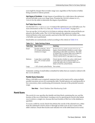 Understanding Access Paths for the Query Optimizer

scan might be cheaper than an index range scan, regardless of the fraction of tables
being accessed or indexes present.
High Degree of Parallelism A high degree of parallelism for a table skews the optimizer
toward full table scans over range scans. Examine the DEGREE column in ALL_
TABLES for the table to determine the degree of parallelism.

Full Table Scan Hints
Use the hint FULL(table alias) to instruct the optimizer to use a full table scan. For
more information on the FULL hint, see "Hints for Access Paths" on page 16-3.
You can use the CACHE and NOCACHE hints to indicate where the retrieved blocks are
placed in the buffer cache. The CACHE hint instructs the optimizer to place the
retrieved blocks at the most recently used end of the LRU list in the buffer cache when
a full table scan is performed.
Small tables are automatically cached according to the criteria in Table 13–4.
Table 13–4

Table Caching Criteria

Table Size

Size Criteria

Caching

Small

Number of blocks < 20 or
2% of total cached blocks,
whichever is larger

If STATISTICS_LEVEL is se to TYPICAL or
higher, Oracle decides whether to cache a table
depending on the table scan history. The table
is cached only if a future table scan is likely to
find the cached blocks. If STATISTICS_
LEVEL is set to BASIC, the table is not cached.

Medium

Larger than a small table,
but < 10% of total cached
blocks

Oracle decides whether to cache a table based
on its table scan and workload history. It
caches the table only if a future table scan is
likely to find the cached blocks.

Large

> 10% of total cached blocks Not cached

Automatic caching of small tables is disabled for tables that are created or altered with
the CACHE attribute.

Parallel Query Execution
When a full table scan is required, response time can be improved by using multiple
parallel execution servers for scanning the table. Parallel queries are used generally in
low-concurrency data warehousing environments, because of the potential resource
usage.
See Also:

Oracle Database Data Warehousing Guide

Rowid Scans
The rowid of a row specifies the datafile and data block containing the row and the
location of the row in that block. Locating a row by specifying its rowid is the fastest
way to retrieve a single row, because the exact location of the row in the database is
specified.
To access a table by rowid, Oracle first obtains the rowids of the selected rows, either
from the statement's WHERE clause or through an index scan of one or more of the
table's indexes. Oracle then locates each selected row in the table based on its rowid.

The Query Optimizer

13-15

 