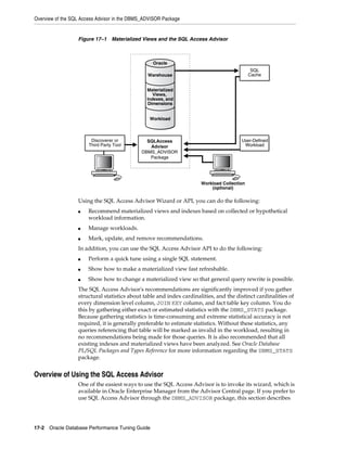 Overview of the SQL Access Advisor in the DBMS_ADVISOR Package

Figure 17–1 Materialized Views and the SQL Access Advisor

Oracle
SQL
Cache

Warehouse
Materialized
Views,
Indexes, and
Dimensions
Workload

Discoverer or
Third Party Tool

User-Defined
Workload

SQLAccess
Advisor
DBMS_ADVISOR
Package

Workload Collection
(optional)

Using the SQL Access Advisor Wizard or API, you can do the following:
■

Recommend materialized views and indexes based on collected or hypothetical
workload information.

■

Manage workloads.

■

Mark, update, and remove recommendations.

In addition, you can use the SQL Access Advisor API to do the following:
■

Perform a quick tune using a single SQL statement.

■

Show how to make a materialized view fast refreshable.

■

Show how to change a materialized view so that general query rewrite is possible.

The SQL Access Advisor's recommendations are significantly improved if you gather
structural statistics about table and index cardinalities, and the distinct cardinalities of
every dimension level column, JOIN KEY column, and fact table key column. You do
this by gathering either exact or estimated statistics with the DBMS_STATS package.
Because gathering statistics is time-consuming and extreme statistical accuracy is not
required, it is generally preferable to estimate statistics. Without these statistics, any
queries referencing that table will be marked as invalid in the workload, resulting in
no recommendations being made for those queries. It is also recommended that all
existing indexes and materialized views have been analyzed. See Oracle Database
PL/SQL Packages and Types Reference for more information regarding the DBMS_STATS
package.

Overview of Using the SQL Access Advisor
One of the easiest ways to use the SQL Access Advisor is to invoke its wizard, which is
available in Oracle Enterprise Manager from the Advisor Central page. If you prefer to
use SQL Access Advisor through the DBMS_ADVISOR package, this section describes

17-2 Oracle Database Performance Tuning Guide

 