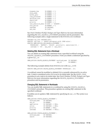 Using the SQL Access Advisor

elapsed_time
disk_reads
buffer_gets
rows_processed
optimizer_cost
executions
priority
last_execution_date
stat_period
username
sql_text

IN
IN
IN
IN
IN
IN
IN
IN
IN
IN
IN

NUMBER := 0,
NUMBER := 0,
NUMBER := 0,
NUMBER := 0,
NUMBER := 0,
NUMBER := 1,
NUMBER := 2,
DATE := 'SYSDATE',
NUMBER := 0,
VARCHAR2,
CLOB);

See Oracle Database PL/SQL Packages and Types Reference for more information
regarding the ADD_SQLWKLD_STATEMENT procedure and its parameters. The
following example adds a single statement to the MYWORKLOAD workload:
VARIABLE sql_text VARCHAR2(400);
EXECUTE :sql_text := 'SELECT AVG(amount_sold) FROM sales';
EXECUTE DBMS_ADVISOR.ADD_SQLWKLD_STATEMENT ( 'MYWORKLOAD', 'MONTHLY', 'ROLLUP', priority=>1, executions=>10, username => 'SH', sql_text => :sql_text);

Deleting SQL Statements from a Workload
You can delete an existing SQL statement from a specified workload using the
DELETE_SQLWKLD_STATEMENT procedure. It lets you delete a statement specified by
a given sql_id.
DBMS_ADVISOR.DELETE_SQLWKLD_STATEMENT (workload_name
sql_id

IN VARCHAR2,
IN NUMBER);

The following example deletes from MYWORKLOAD with sql_id 10:
EXECUTE DBMS_ADVISOR.DELETE_SQLWKLD_STATEMENT('MYWORKLOAD', 10);

A workload cannot be modified or deleted if it is currently referenced by an active
task. A task is considered active if it is not in its initial state. See the RESET_TASK
procedure to set a task to its initial state. See Oracle Database PL/SQL Packages and Types
Reference for more information regarding the DELETE_SQLWKLD_STATEMENT
procedure and its parameters.

Changing SQL Statements in Workloads
You can modify SQL statements in a workload by using the UPDATE_SQLWKLD_
STATEMENT procedure. This procedure updates an existing SQL statement in the
specified workload.
It enables you to update a SQL statement by specifying its sql_id. The syntax is as
follows:
DBMS_ADVISOR.UPDATE_SQLWKLD_STATEMENT (
workload_name
IN VARCHAR2,
sql_id
IN NUMBER,
application
IN VARCHAR2 := NULL,
action
IN VARCHAR2 := NULL,
priority
IN NUMBER := NULL,
username
IN VARCHAR2 := NULL);
DBMS_ADVISOR.UPDATE_SQLWKLD_STATEMENT (
workload_name
IN VARCHAR2,
search
IN VARCHAR2,

SQL Access Advisor

17-15

 