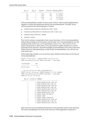 Using the SQL Access Advisor

SQL_ID
REC_ID
PRECOST
POSTCOST PERCENT_BENEFIT
---------- ---------- ---------- ---------- --------------121
1
3003
249
91.7082917
122
2
1404
182
87.037037
123
3
5503
4
99.9273124
124
4
730
136
81.369863

Each recommendation consists of one or more actions, which must be implemented
together to realize the benefit provided by the recommendation. The SQL Access
Advisor produces the following types of actions:
■

CREATE|DROP|RETAIN MATERIALIZED VIEW

■

CREATE|ALTER|RETAIN MATERIALIZED VIEW LOG

■

CREATE|DROP|RETAIN INDEX

■

GATHER STATS

The CREATE actions corresponds to new access structures. RETAIN recommendation
indicate that existing access structures must be kept. DROP recommendations are only
produced if the WORKLOAD_SCOPE parameter is set to FULL. The GATHER STATS
action will generate a call to DBMS_STATS procedure to gather statistics on a newly
generated access structure. Note that multiple recommendations may refer to the same
action, however when generating a script for the recommendation, you will only see
each action once.
In the following example, you can see how many distinct actions there are for this set
of recommendations.
SELECT 'Action Count', COUNT(DISTINCT action_id) cnt
FROM user_advisor_actions WHERE task_name = :task_name;
'ACTIONCOUNT
CNT
------------ ---------Action Count
20
-- see the actions for each recommendations
SELECT rec_id, action_id, SUBSTR(command,1,30) AS command
FROM user_advisor_actions WHERE task_name = :task_name
ORDER BY rec_id, action_id;
REC_ID ACTION_ID
---------- ---------1
5
1
6
1
7
1
8
1
9
1
10
1
11
1
12
1
19
1
20
2
5
2
6
2
9
...

COMMAND
-----------------------------CREATE MATERIALIZED VIEW LOG
ALTER MATERIALIZED VIEW LOG
CREATE MATERIALIZED VIEW LOG
ALTER MATERIALIZED VIEW LOG
CREATE MATERIALIZED VIEW LOG
ALTER MATERIALIZED VIEW LOG
CREATE MATERIALIZED VIEW
GATHER TABLE STATISTICS
CREATE INDEX
GATHER INDEX STATISTICS
CREATE MATERIALIZED VIEW LOG
ALTER MATERIALIZED VIEW LOG
CREATE MATERIALIZED VIEW LOG

Each action has several attributes that pertain to the properties of the access structure.
The name and tablespace for each access structure when applicable are placed in

17-20 Oracle Database Performance Tuning Guide

 