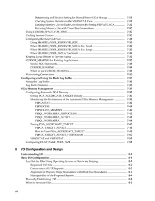 Determining an Effective Setting for Shared Server UGA Storage ...........................
Checking System Statistics in the V$SESSTAT View .................................................
Limiting Memory Use for Each User Session by Setting PRIVATE_SGA................
Reducing Memory Use with Three-Tier Connections.................................................
Using CURSOR_SPACE_FOR_TIME...........................................................................................
Caching Session Cursors ................................................................................................................
Configuring the Reserved Pool .....................................................................................................
Using SHARED_POOL_RESERVED_SIZE..........................................................................
When SHARED_POOL_RESERVED_SIZE Is Too Small...................................................
When SHARED_POOL_RESERVED_SIZE Is Too Large ..................................................
When SHARED_POOL_SIZE is Too Small .........................................................................
Keeping Large Objects to Prevent Aging ....................................................................................
CURSOR_SHARING for Existing Applications .........................................................................
Similar SQL Statements...........................................................................................................
CURSOR_SHARING ...............................................................................................................
When to use CURSOR_SHARING ........................................................................................
Maintaining Connections...............................................................................................................
Configuring and Using the Redo Log Buffer ..................................................................................
Sizing the Log Buffer ......................................................................................................................
Log Buffer Statistics ........................................................................................................................
PGA Memory Management ................................................................................................................
Configuring Automatic PGA Memory ........................................................................................
Setting PGA_AGGREGATE_TARGET Initially ..................................................................
Monitoring the Performance of the Automatic PGA Memory Management ................
V$PGASTAT......................................................................................................................
V$PROCESS.......................................................................................................................
V$PROCESS_MEMORY ..................................................................................................
V$SQL_WORKAREA_HISTOGRAM ...........................................................................
V$SQL_WORKAREA_ACTIVE......................................................................................
V$SQL_WORKAREA.......................................................................................................
Tuning PGA_AGGREGATE_TARGET ...............................................................................
V$PGA_TARGET_ADVICE ............................................................................................
How to Tune PGA_AGGREGATE_TARGET ..............................................................
V$PGA_TARGET_ADVICE_HISTOGRAM ................................................................
V$SYSSTAT and V$SESSTAT ................................................................................................
Configuring OLAP_PAGE_POOL_SIZE .....................................................................................

8

I/O Configuration and Design
Understanding I/O ...................................................................................................................................
Basic I/O Configuration ..........................................................................................................................
Lay Out the Files Using Operating System or Hardware Striping.............................................
Requested I/O Size.....................................................................................................................
Concurrency of I/O Requests ...................................................................................................
Alignment of Physical Stripe Boundaries with Block Size Boundaries ..............................
Manageability of the Proposed System ...................................................................................
Manually Distributing I/O ...............................................................................................................
When to Separate Files ......................................................................................................................

viii

7-28
7-28
7-29
7-30
7-30
7-30
7-31
7-32
7-32
7-32
7-32
7-33
7-33
7-34
7-34
7-34
7-35
7-35
7-36
7-36
7-37
7-38
7-39
7-39
7-39
7-41
7-42
7-42
7-44
7-44
7-46
7-46
7-49
7-50
7-51
7-51

8-1
8-1
8-2
8-2
8-3
8-3
8-4
8-4
8-5

 