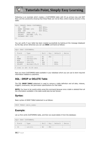 Tutorials Point, Simply Easy Learning
Following is an example which creates a CUSTOMERS table with ID as primary key and NOT
NULL are the constraints showing that these fileds can not be NULL while creating records in this
table:


SQL> CREATE TABLE CUSTOMERS(
   ID   INT              NOT NULL,
   NAME VARCHAR (20)     NOT NULL,
   AGE INT               NOT NULL,
   ADDRESS CHAR (25) ,
   SALARY   DECIMAL (18, 2),
   PRIMARY KEY (ID)
);


You can verify if your table has been created successfully by looking at the message displayed
by the SQL server otherwise you can use DESC command as follows:


SQL> DESC CUSTOMERS;
+---------+---------------+------+-----+---------+-------+
| Field   | Type          | Null | Key | Default | Extra |
+---------+---------------+------+-----+---------+-------+
| ID      | int(11)       | NO   | PRI |         |       |
| NAME    | varchar(20)   | NO   |     |         |       |
| AGE     | int(11)       | NO   |     |         |       |
| ADDRESS | char(25)      | YES |      | NULL    |       |
| SALARY | decimal(18,2) | YES |       | NULL    |       |
+---------+---------------+------+-----+---------+-------+
5 rows in set (0.00 sec)


Now you have CUSTOMERS table available in your database which you can use to store required
information related to customers.


SQL - DROP or DELETE Table
The SQL DROP TABLE statement is used to remove a table definition and all data, indexes,
triggers, constraints, and permission specifications for that table.

NOTE: You have to be careful while using this command because once a table is deleted then all
the information available in the table would also be lost forever.


Syntax:
Basic syntax of DROP TABLE statement is as follows:


DROP TABLE table_name;


Example:
Let us first verify CUSTOMERS table, and then we would delete it from the database:


SQL> DESC CUSTOMERS;
+---------+---------------+------+-----+---------+-------+
| Field   | Type          | Null | Key | Default | Extra |
+---------+---------------+------+-----+---------+-------+
| ID      | int(11)       | NO   | PRI |         |       |


16 | P a g e
 