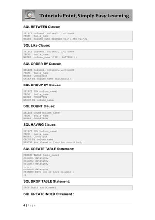 Tutorials Point, Simply Easy Learning

SQL BETWEEN Clause:
SELECT column1, column2....columnN
FROM   table_name
WHERE column_name BETWEEN val-1 AND val-2;

SQL Like Clause:
SELECT column1, column2....columnN
FROM   table_name
WHERE column_name LIKE { PATTERN };

SQL ORDER BY Clause:
SELECT column1, column2....columnN
FROM   table_name
WHERE CONDITION
ORDER BY column_name {ASC|DESC};

SQL GROUP BY Clause:
SELECT SUM(column_name)
FROM   table_name
WHERE CONDITION
GROUP BY column_name;

SQL COUNT Clause:
SELECT COUNT(column_name)
FROM   table_name
WHERE CONDITION;

SQL HAVING Clause:
SELECT SUM(column_name)
FROM   table_name
WHERE CONDITION
GROUP BY column_name
HAVING (arithematic function condition);

SQL CREATE TABLE Statement:
CREATE TABLE table_name(
column1 datatype,
column2 datatype,
column3 datatype,
.....
columnN datatype,
PRIMARY KEY( one or more columns )
);

SQL DROP TABLE Statement:
DROP TABLE table_name;

SQL CREATE INDEX Statement :


4|Page
 