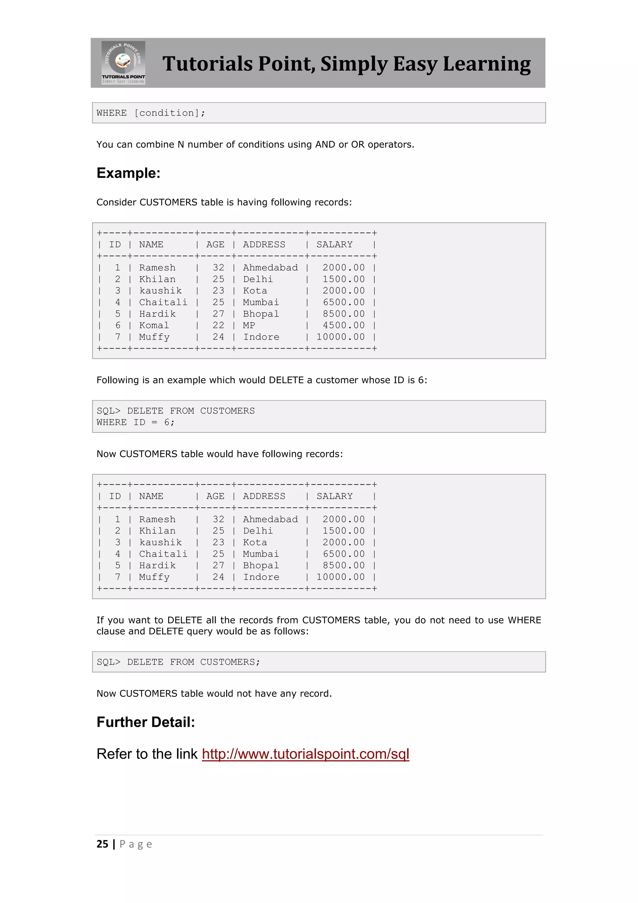 Tutorials Point, Simply Easy Learning

WHERE [condition];


You can combine N number of conditions using AND or OR operators.


Example:
Consider CUSTOMERS table is having following records:


+----+----------+-----+-----------+----------+
| ID | NAME     | AGE | ADDRESS   | SALARY   |
+----+----------+-----+-----------+----------+
| 1 | Ramesh    | 32 | Ahmedabad | 2000.00 |
| 2 | Khilan    | 25 | Delhi      | 1500.00 |
| 3 | kaushik | 23 | Kota         | 2000.00 |
| 4 | Chaitali | 25 | Mumbai      | 6500.00 |
| 5 | Hardik    | 27 | Bhopal     | 8500.00 |
| 6 | Komal     | 22 | MP         | 4500.00 |
| 7 | Muffy     | 24 | Indore     | 10000.00 |
+----+----------+-----+-----------+----------+


Following is an example which would DELETE a customer whose ID is 6:


SQL> DELETE FROM CUSTOMERS
WHERE ID = 6;


Now CUSTOMERS table would have following records:


+----+----------+-----+-----------+----------+
| ID | NAME     | AGE | ADDRESS   | SALARY   |
+----+----------+-----+-----------+----------+
| 1 | Ramesh    | 32 | Ahmedabad | 2000.00 |
| 2 | Khilan    | 25 | Delhi      | 1500.00 |
| 3 | kaushik | 23 | Kota         | 2000.00 |
| 4 | Chaitali | 25 | Mumbai      | 6500.00 |
| 5 | Hardik    | 27 | Bhopal     | 8500.00 |
| 7 | Muffy     | 24 | Indore     | 10000.00 |
+----+----------+-----+-----------+----------+


If you want to DELETE all the records from CUSTOMERS table, you do not need to use WHERE
clause and DELETE query would be as follows:


SQL> DELETE FROM CUSTOMERS;


Now CUSTOMERS table would not have any record.


Further Detail:

Refer to the link http://www.tutorialspoint.com/sql




25 | P a g e
 
