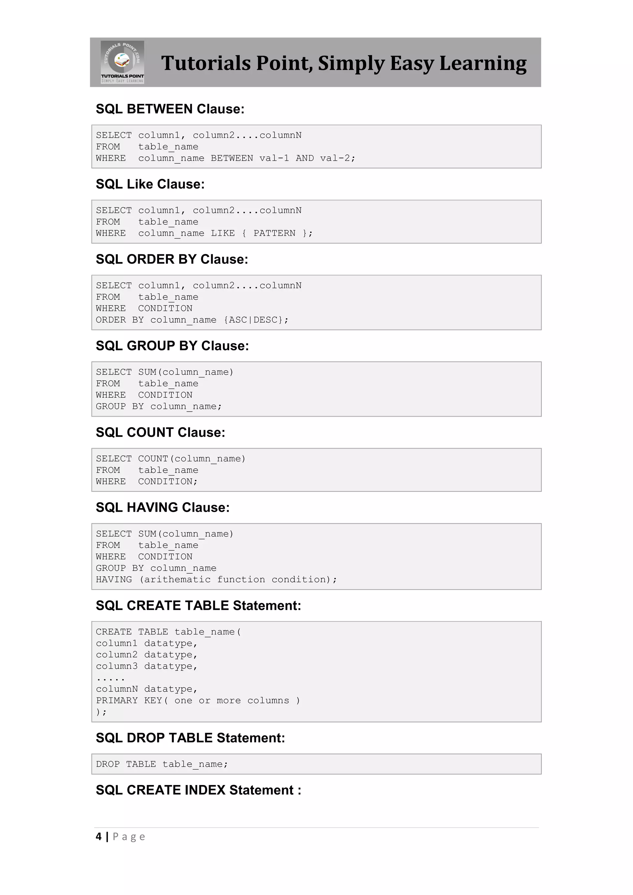 Tutorials Point, Simply Easy Learning

SQL BETWEEN Clause:
SELECT column1, column2....columnN
FROM   table_name
WHERE column_name BETWEEN val-1 AND val-2;

SQL Like Clause:
SELECT column1, column2....columnN
FROM   table_name
WHERE column_name LIKE { PATTERN };

SQL ORDER BY Clause:
SELECT column1, column2....columnN
FROM   table_name
WHERE CONDITION
ORDER BY column_name {ASC|DESC};

SQL GROUP BY Clause:
SELECT SUM(column_name)
FROM   table_name
WHERE CONDITION
GROUP BY column_name;

SQL COUNT Clause:
SELECT COUNT(column_name)
FROM   table_name
WHERE CONDITION;

SQL HAVING Clause:
SELECT SUM(column_name)
FROM   table_name
WHERE CONDITION
GROUP BY column_name
HAVING (arithematic function condition);

SQL CREATE TABLE Statement:
CREATE TABLE table_name(
column1 datatype,
column2 datatype,
column3 datatype,
.....
columnN datatype,
PRIMARY KEY( one or more columns )
);

SQL DROP TABLE Statement:
DROP TABLE table_name;

SQL CREATE INDEX Statement :


4|Page
 