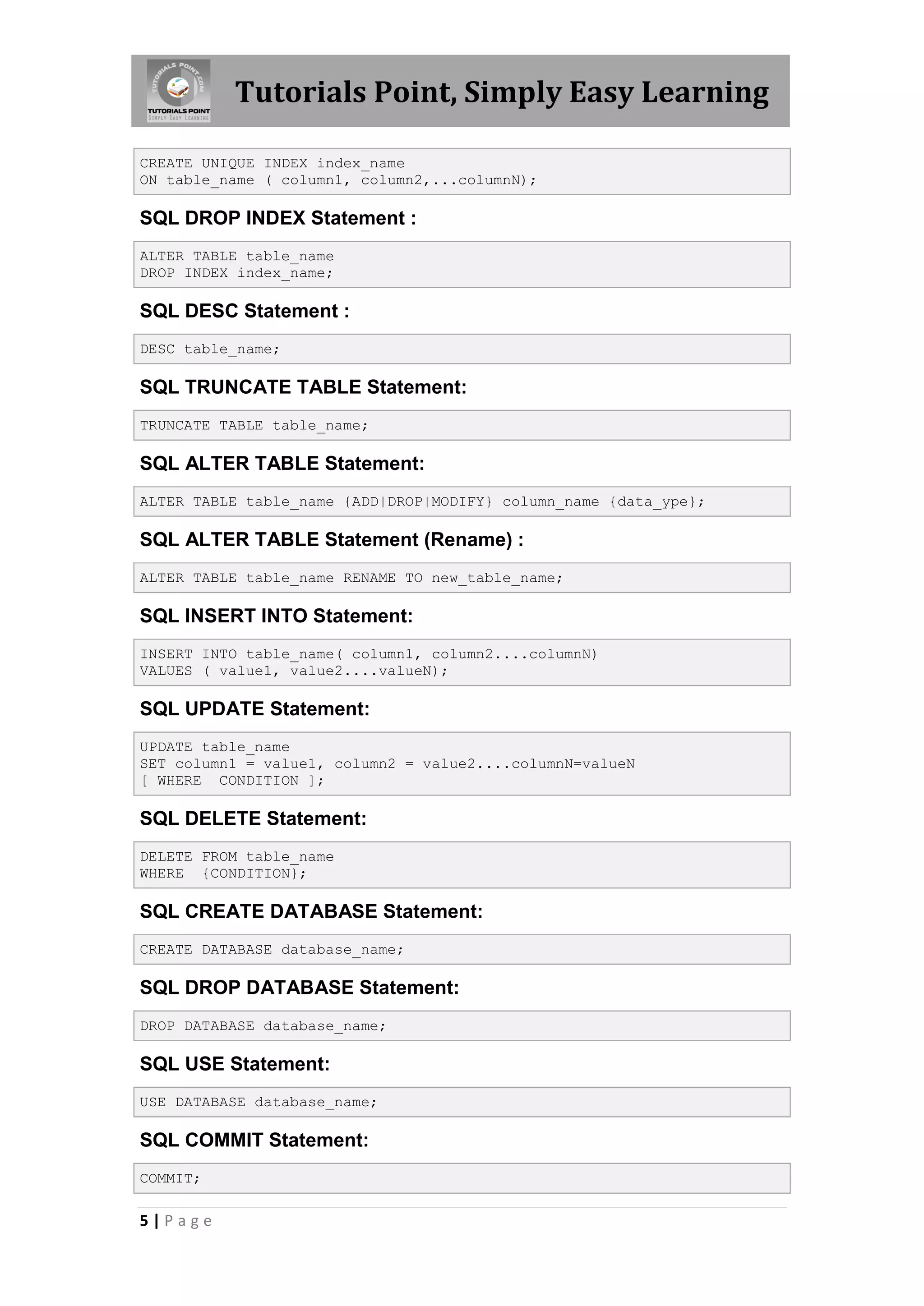Tutorials Point, Simply Easy Learning

CREATE UNIQUE INDEX index_name
ON table_name ( column1, column2,...columnN);

SQL DROP INDEX Statement :
ALTER TABLE table_name
DROP INDEX index_name;

SQL DESC Statement :
DESC table_name;

SQL TRUNCATE TABLE Statement:
TRUNCATE TABLE table_name;

SQL ALTER TABLE Statement:
ALTER TABLE table_name {ADD|DROP|MODIFY} column_name {data_ype};

SQL ALTER TABLE Statement (Rename) :
ALTER TABLE table_name RENAME TO new_table_name;

SQL INSERT INTO Statement:
INSERT INTO table_name( column1, column2....columnN)
VALUES ( value1, value2....valueN);

SQL UPDATE Statement:
UPDATE table_name
SET column1 = value1, column2 = value2....columnN=valueN
[ WHERE CONDITION ];

SQL DELETE Statement:
DELETE FROM table_name
WHERE {CONDITION};

SQL CREATE DATABASE Statement:
CREATE DATABASE database_name;

SQL DROP DATABASE Statement:
DROP DATABASE database_name;

SQL USE Statement:
USE DATABASE database_name;

SQL COMMIT Statement:
COMMIT;

5|Page
 
