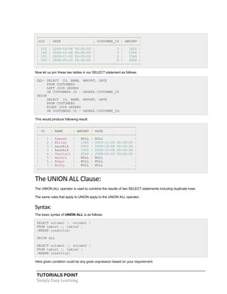 TUTORIALS POINT
Simply Easy Learning
+-----+---------------------+-------------+--------+
|OID | DATE | CUSTOMER_ID | AMOUNT |
+-----+---------------------+-------------+--------+
| 102 | 2009-10-08 00:00:00 | 3 | 3000 |
| 100 | 2009-10-08 00:00:00 | 3 | 1500 |
| 101 | 2009-11-20 00:00:00 | 2 | 1560 |
| 103 | 2008-05-20 00:00:00 | 4 | 2060 |
+-----+---------------------+-------------+--------+
Now let us join these two tables in our SELECT statement as follows:
SQL> SELECT ID, NAME, AMOUNT, DATE
FROM CUSTOMERS
LEFT JOIN ORDERS
ON CUSTOMERS.ID = ORDERS.CUSTOMER_ID
UNION
SELECT ID, NAME, AMOUNT, DATE
FROM CUSTOMERS
RIGHT JOIN ORDERS
ON CUSTOMERS.ID = ORDERS.CUSTOMER_ID;
This would produce following result:
+------+----------+--------+---------------------+
| ID | NAME | AMOUNT | DATE |
+------+----------+--------+---------------------+
| 1 | Ramesh | NULL | NULL |
| 2 | Khilan | 1560 | 2009-11-20 00:00:00 |
| 3 | kaushik | 3000 | 2009-10-08 00:00:00 |
| 3 | kaushik | 1500 | 2009-10-08 00:00:00 |
| 4 | Chaitali | 2060 | 2008-05-20 00:00:00 |
| 5 | Hardik | NULL | NULL |
| 6 | Komal | NULL | NULL |
| 7 | Muffy | NULL | NULL |
+------+----------+--------+---------------------+
The UNION ALL Clause:
The UNION ALL operator is used to combine the results of two SELECT statements including duplicate rows.
The same rules that apply to UNION apply to the UNION ALL operator.
Syntax:
The basic syntax of UNION ALL is as follows:
SELECT column1 [, column2 ]
FROM table1 [, table2 ]
[WHERE condition]
UNION ALL
SELECT column1 [, column2 ]
FROM table1 [, table2 ]
[WHERE condition]
Here given condition could be any given expression based on your requirement.
 